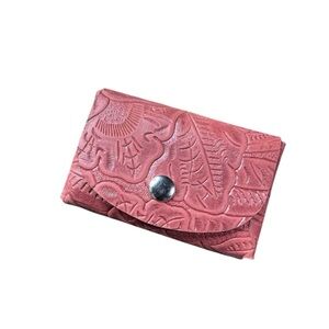 card wallet / business card holder double stacked embossed red burgundy leather